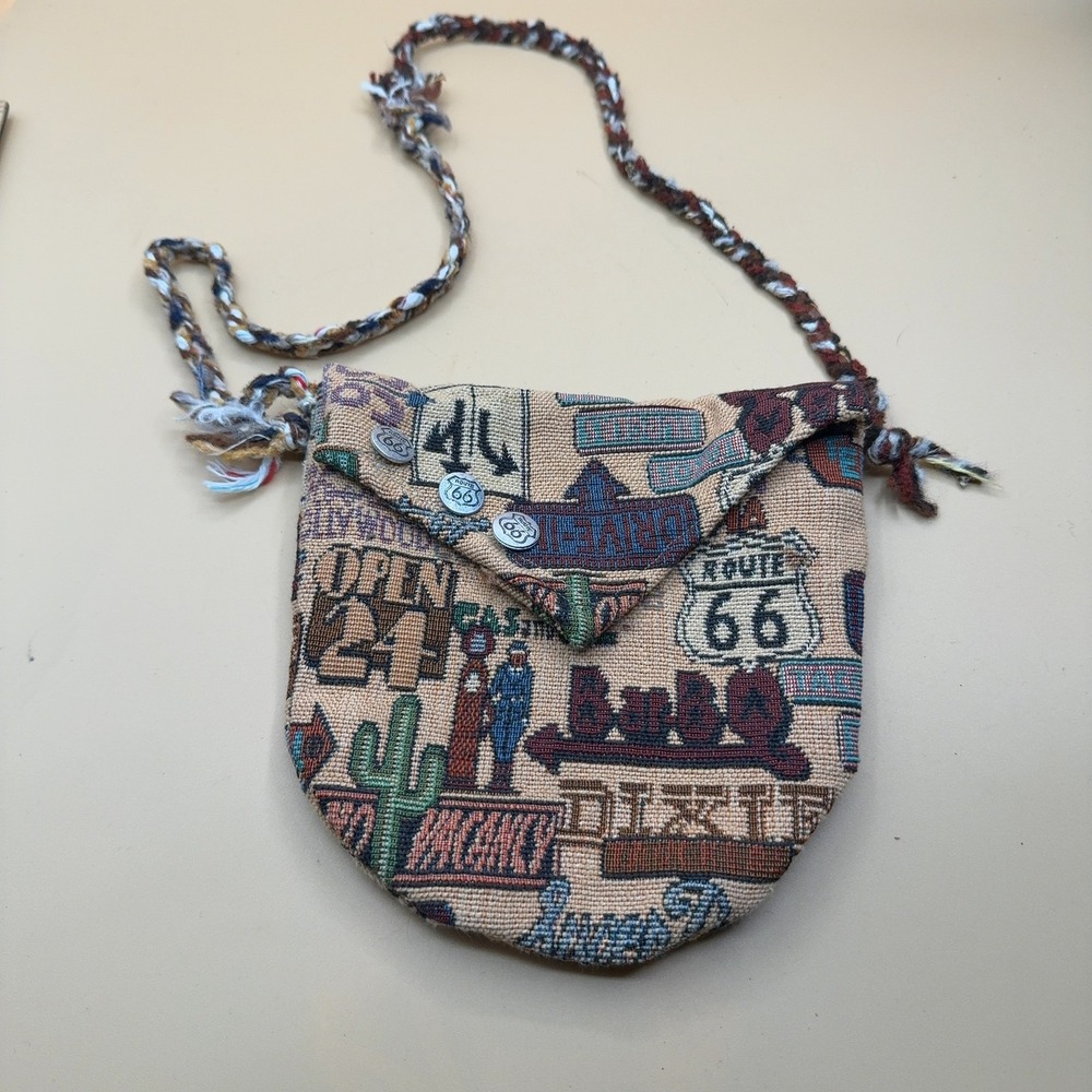 Route 66 Tapestry Crossbody Bag Small Purse Woven Multicolor Braided Strap